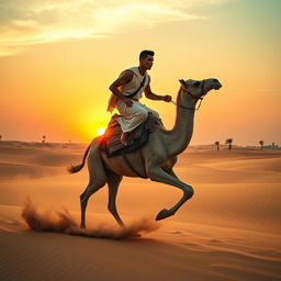 A dynamic depiction of a male soccer star, resembling Cristiano Ronaldo, riding a majestic camel across a vast golden desert landscape