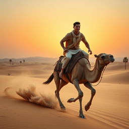 A dynamic depiction of a male soccer star, resembling Cristiano Ronaldo, riding a majestic camel across a vast golden desert landscape