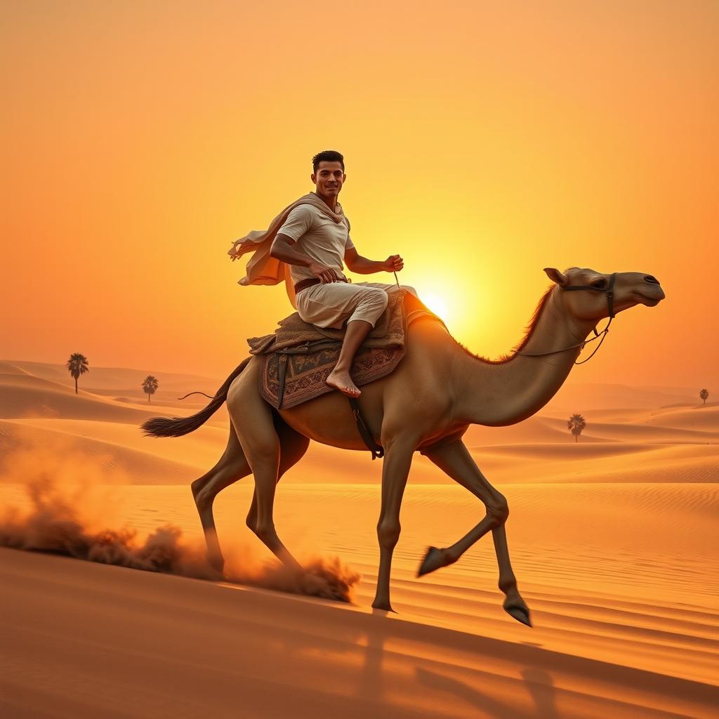 A dynamic depiction of a male soccer star, resembling Cristiano Ronaldo, riding a majestic camel across a vast golden desert landscape