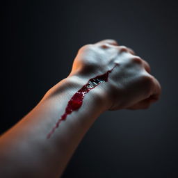 A close-up shot of a human forearm displaying a fresh cut, emphasizing the details of the skin, blood, and texture