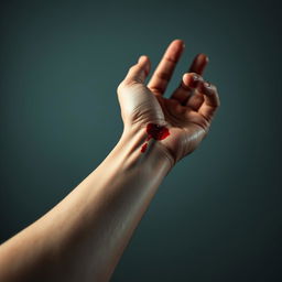 A close-up shot of a human forearm displaying a fresh cut, emphasizing the details of the skin, blood, and texture