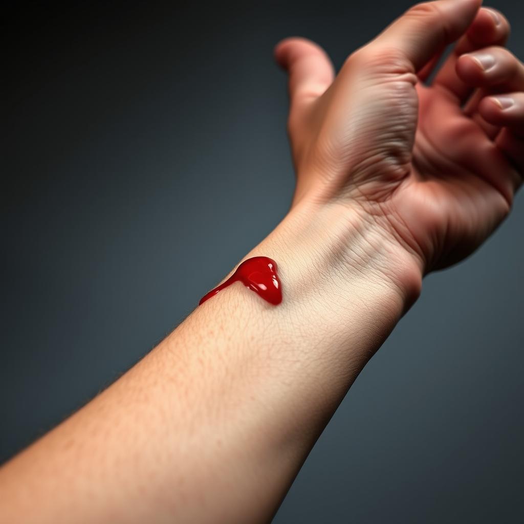 A close-up shot of a human forearm displaying a fresh cut, emphasizing the details of the skin, blood, and texture