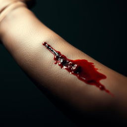 A close-up shot of a human forearm displaying a fresh cut, emphasizing the details of the skin, blood, and texture