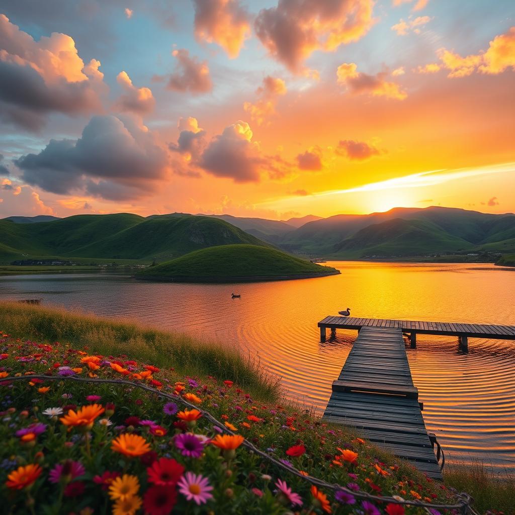 A vibrant landscape featuring a breathtaking sunset over a tranquil lake surrounded by lush green hills