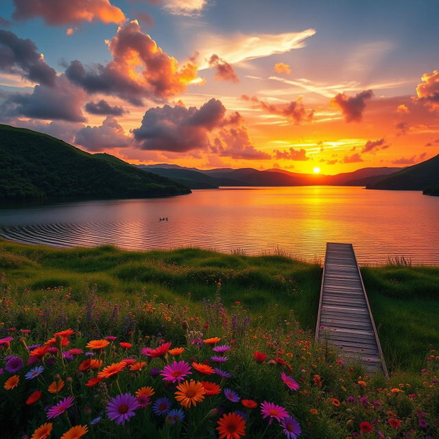 A vibrant landscape featuring a breathtaking sunset over a tranquil lake surrounded by lush green hills