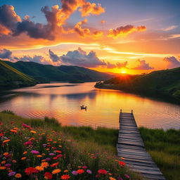 A vibrant landscape featuring a breathtaking sunset over a tranquil lake surrounded by lush green hills