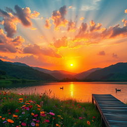 A vibrant landscape featuring a breathtaking sunset over a tranquil lake surrounded by lush green hills