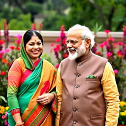 A candid and friendly photograph featuring Sheikh Hasina and Narendra Modi enjoying a light-hearted moment together, standing side by side with smiles on their faces