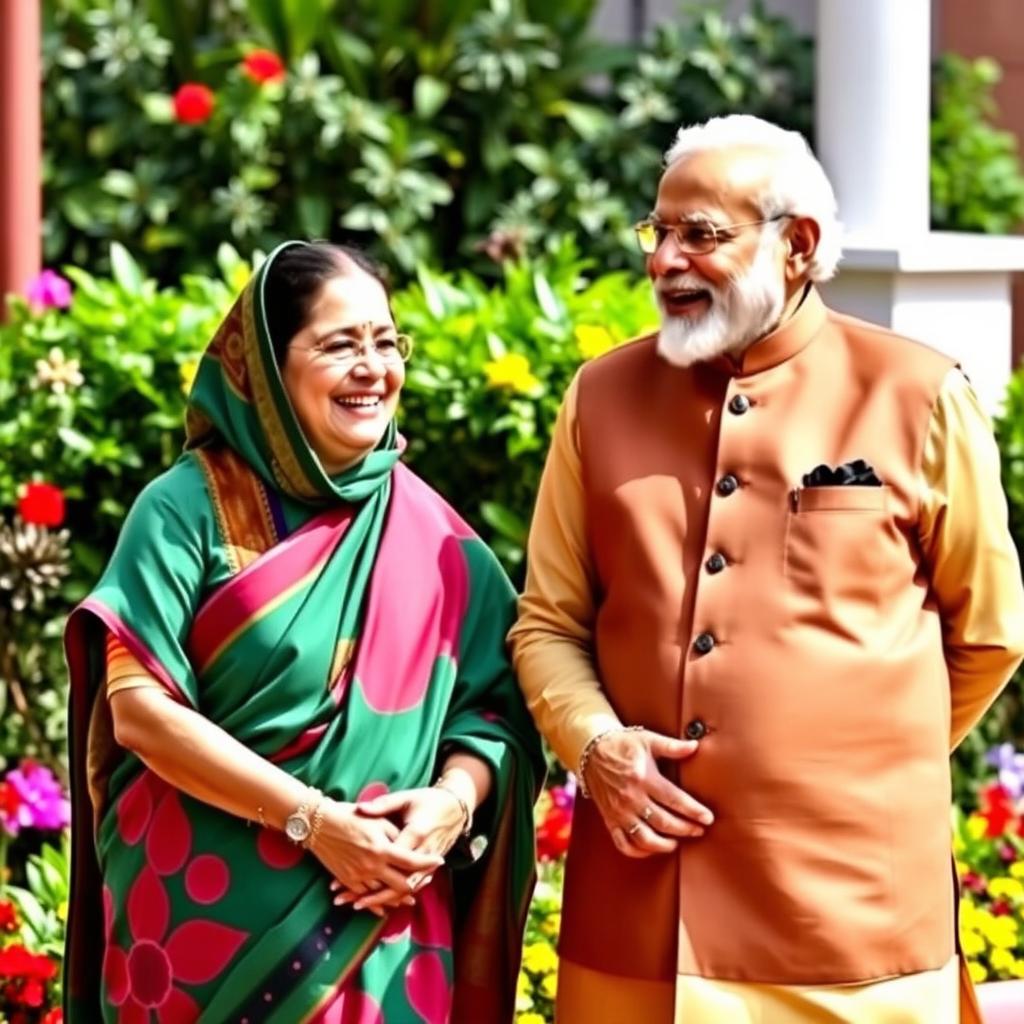 A candid and friendly photograph featuring Sheikh Hasina and Narendra Modi enjoying a light-hearted moment together, standing side by side with smiles on their faces