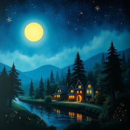 A serene night scene depicting a peaceful village under a starlit sky