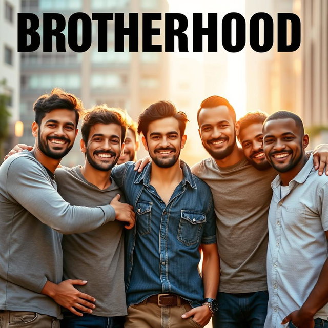 A powerful image representing brotherhood, showcasing a diverse group of men from various backgrounds standing together in solidarity