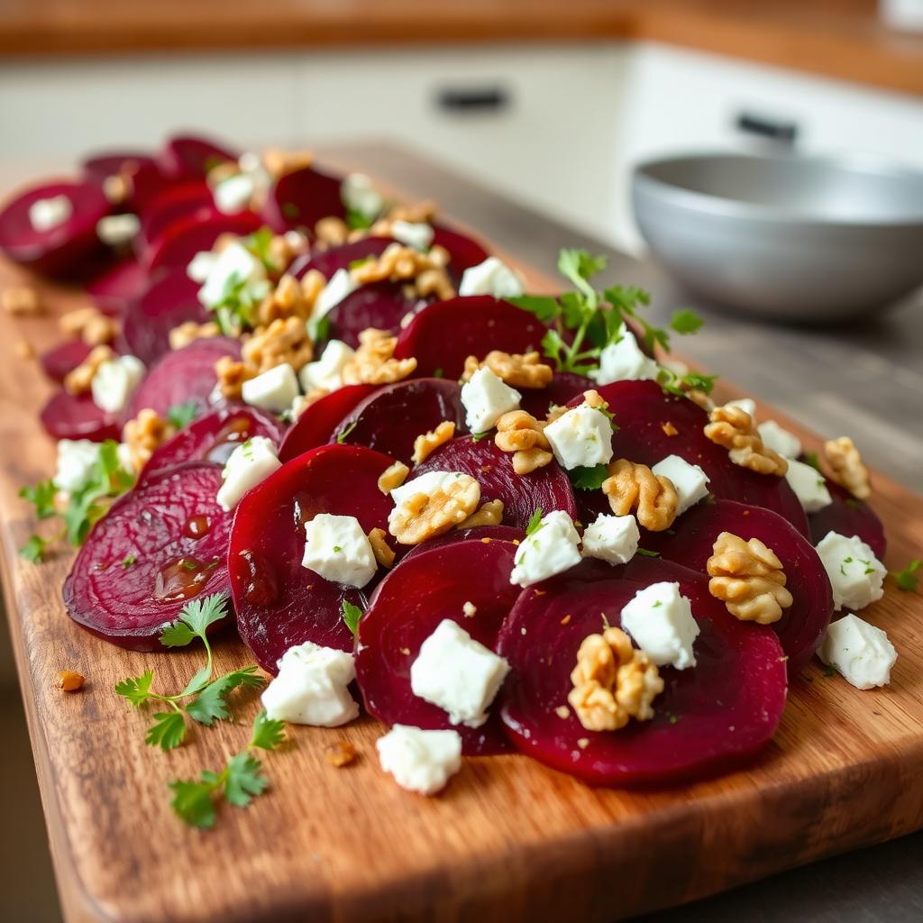 A vibrant beetroot salad featuring slices of fresh, deep red beets, garnished with crumbled feta cheese and sprinkled with toasted walnuts