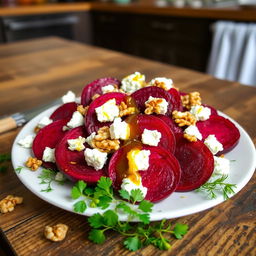 A vibrant beetroot salad featuring slices of fresh, deep red beets, garnished with crumbled feta cheese and sprinkled with toasted walnuts