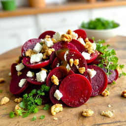 A vibrant beetroot salad featuring slices of fresh, deep red beets, garnished with crumbled feta cheese and sprinkled with toasted walnuts