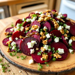 A vibrant beetroot salad featuring slices of fresh, deep red beets, garnished with crumbled feta cheese and sprinkled with toasted walnuts