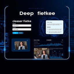 A modern web application interface for deepfake detection, featuring a sleek and intuitive design with elements such as a file upload section, real-time analysis display, and graphical representations of detection results