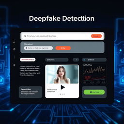 A modern web application interface for deepfake detection, featuring a sleek and intuitive design with elements such as a file upload section, real-time analysis display, and graphical representations of detection results