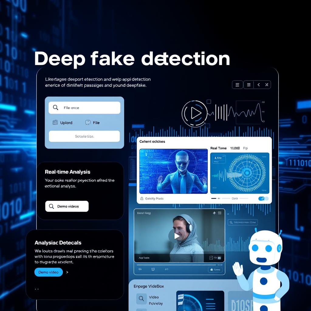 A modern web application interface for deepfake detection, featuring a sleek and intuitive design with elements such as a file upload section, real-time analysis display, and graphical representations of detection results