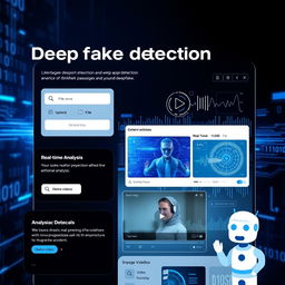 A modern web application interface for deepfake detection, featuring a sleek and intuitive design with elements such as a file upload section, real-time analysis display, and graphical representations of detection results