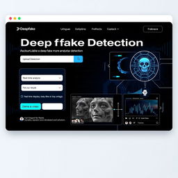 A modern web application interface for deepfake detection, featuring a sleek and intuitive design with elements such as a file upload section, real-time analysis display, and graphical representations of detection results