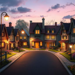 A vibrant fantasy setting featuring a quaint cul-de-sac lined with eight charming detached two-storey houses, each with unique architectural details and cozy little front gardens filled with colorful flowers