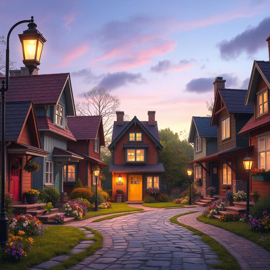 A vibrant fantasy setting featuring a quaint cul-de-sac lined with eight charming detached two-storey houses, each with unique architectural details and cozy little front gardens filled with colorful flowers