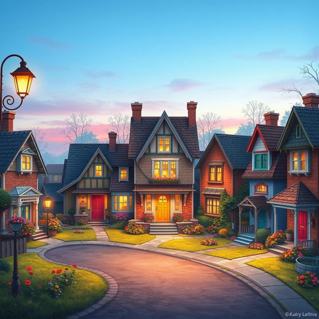 A vibrant fantasy setting featuring a quaint cul-de-sac lined with eight charming detached two-storey houses, each with unique architectural details and cozy little front gardens filled with colorful flowers