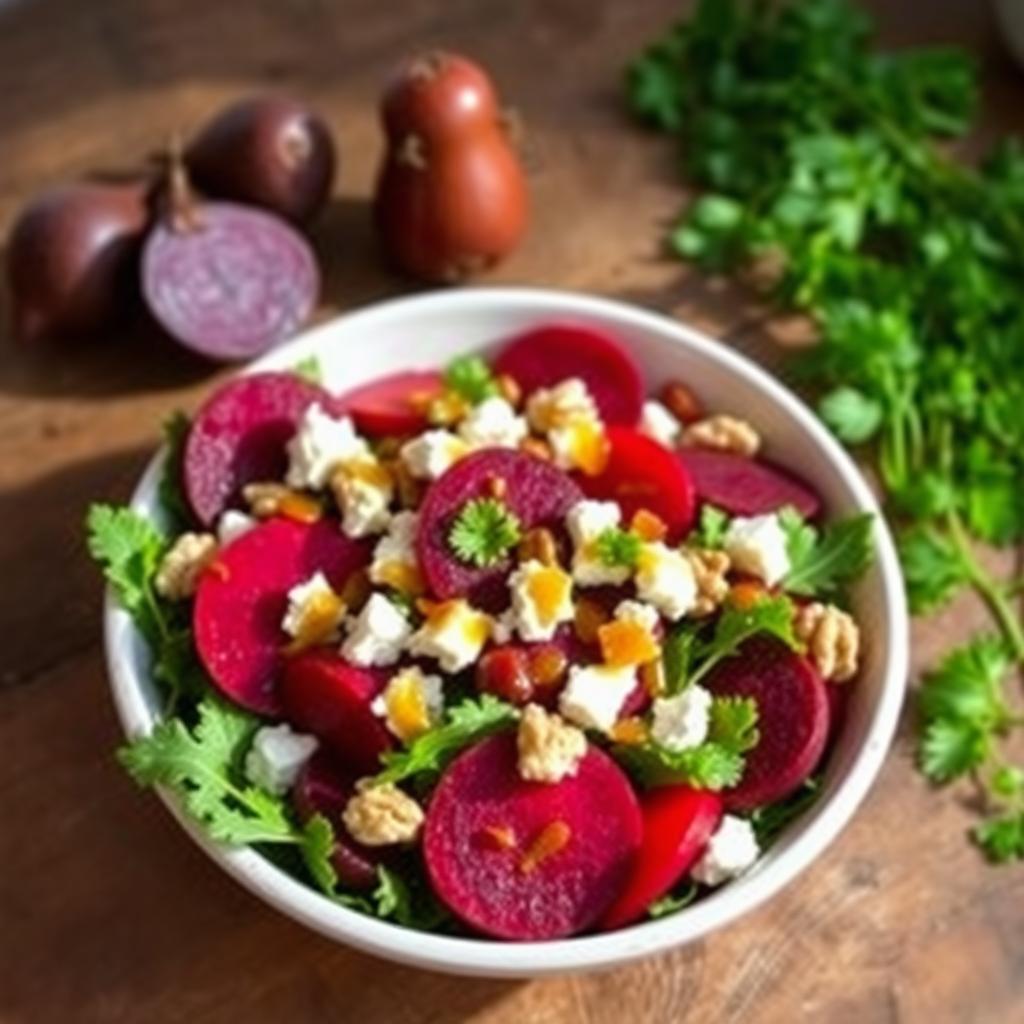A vibrant and delicious beetroot salad, beautifully arranged on a wooden table