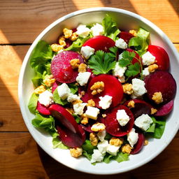 A vibrant and delicious beetroot salad, beautifully arranged on a wooden table