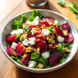A vibrant and delicious beetroot salad, beautifully arranged on a wooden table