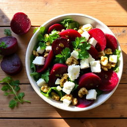 A vibrant and delicious beetroot salad, beautifully arranged on a wooden table