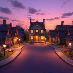 A fantastical setting at dusk featuring a quaint cul-de-sac with eight charming detached two-storey houses, each uniquely designed and adorned with enchanting details