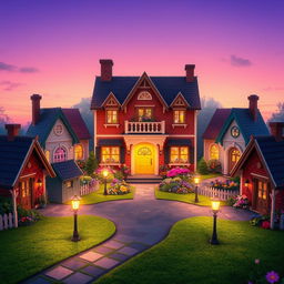 A fantastical setting at dusk featuring a quaint cul-de-sac with eight charming detached two-storey houses, each uniquely designed and adorned with enchanting details