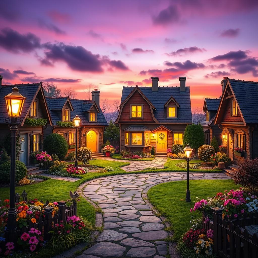 A fantastical setting at dusk featuring a quaint cul-de-sac with eight charming detached two-storey houses, each uniquely designed and adorned with enchanting details