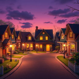 A fantastical setting at dusk featuring a quaint cul-de-sac with eight charming detached two-storey houses, each uniquely designed and adorned with enchanting details