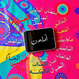 A vibrant and colorful composition showcasing a smart gadget prominently displayed in the center