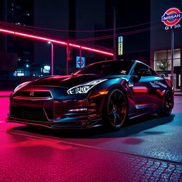 A dynamic Nissan GT-R R35 sports car with a sleek design, illuminated by bright neon red lighting