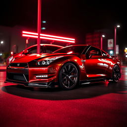A dynamic Nissan GT-R R35 sports car with a sleek design, illuminated by bright neon red lighting