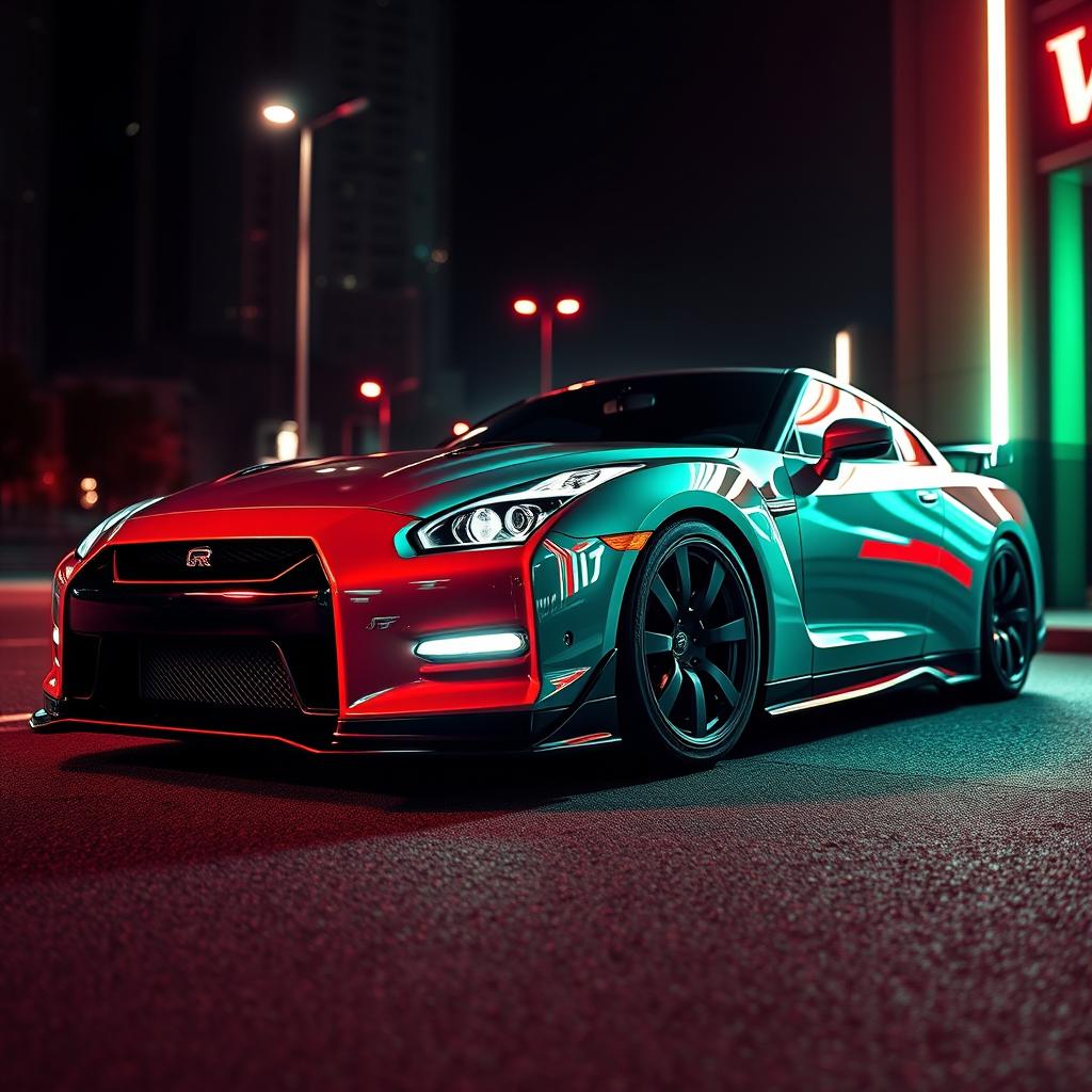 A dynamic Nissan GT-R R35 sports car with a sleek design, illuminated by bright neon red lighting