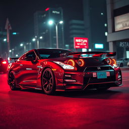 A dynamic Nissan GT-R R35 sports car with a sleek design, illuminated by bright neon red lighting