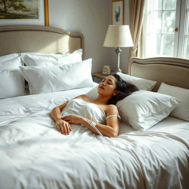 A well-decorated bedroom featuring a large bed with a crisp white bed cover, elegantly arranged pillows, and subtle decorative accents