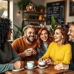 A lively and cheerful scene of a friendly group of diverse adults casually chatting and laughing in a cozy coffee shop