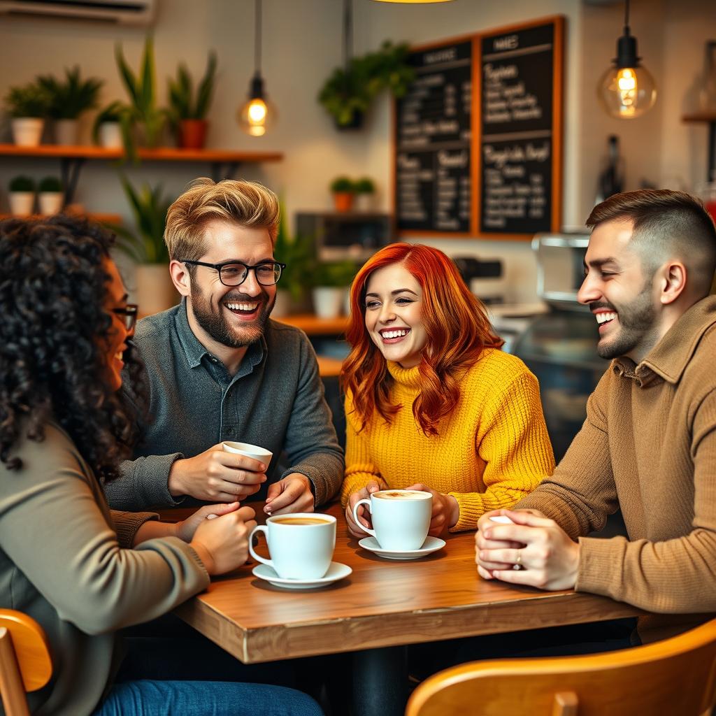 A lively and cheerful scene of a friendly group of diverse adults casually chatting and laughing in a cozy coffee shop