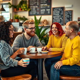 A lively and cheerful scene of a friendly group of diverse adults casually chatting and laughing in a cozy coffee shop