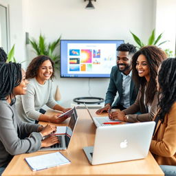 A friendly group of diverse people gathered around a table with laptops and notepads, engaged in a PowerPoint presentation discussion