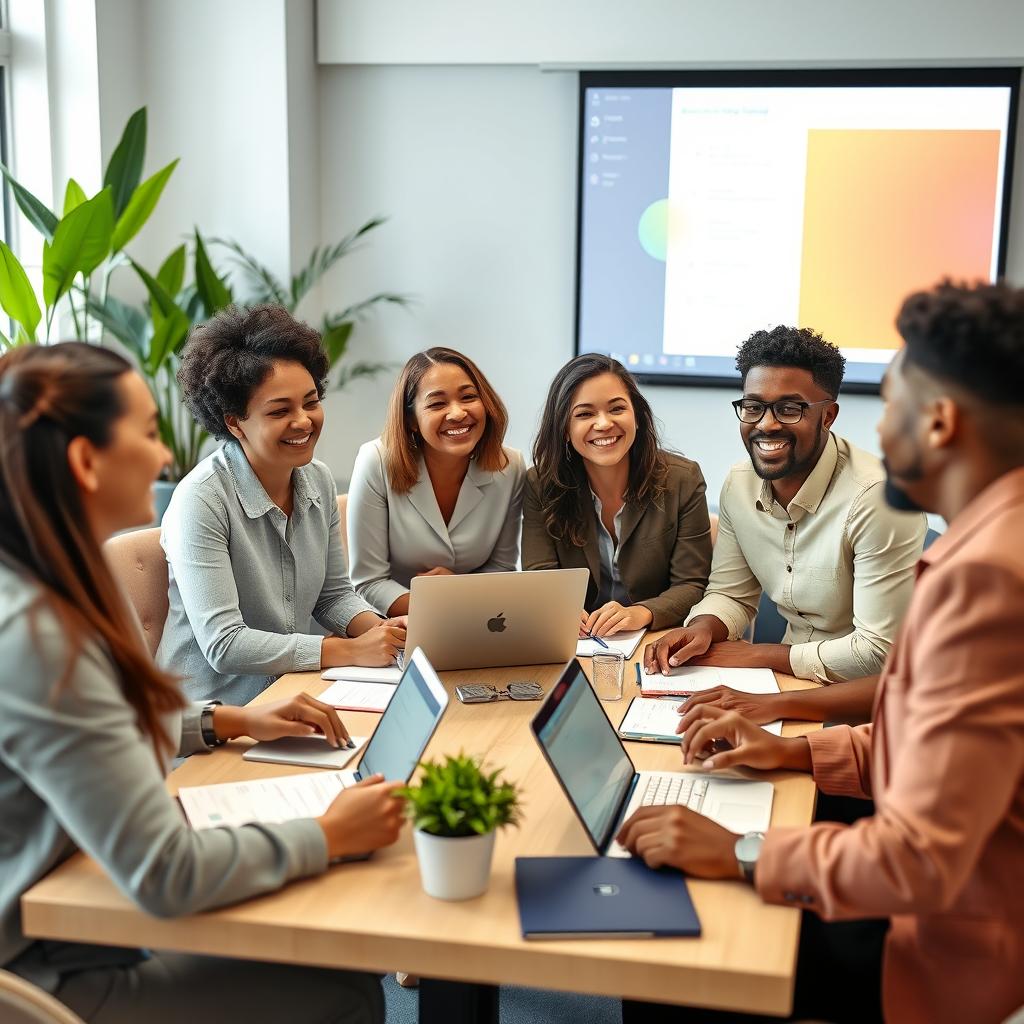 A friendly group of diverse people gathered around a table with laptops and notepads, engaged in a PowerPoint presentation discussion