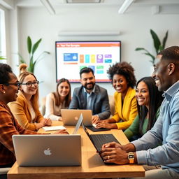 A friendly group of diverse people gathered around a table with laptops and notepads, engaged in a PowerPoint presentation discussion