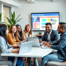 A friendly group of diverse people gathered around a table with laptops and notepads, engaged in a PowerPoint presentation discussion