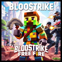 A vibrant and dynamic cover image showcasing a crossover theme of BlooStrike, Minecraft, and Free Fire