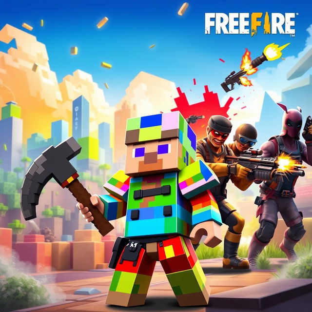 A vibrant and dynamic cover image showcasing a crossover theme of BlooStrike, Minecraft, and Free Fire